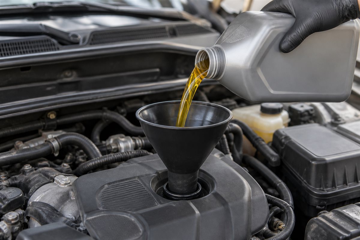 Motor oil being poured into a generic vehicle engine